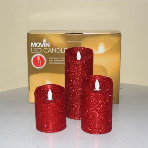 3 Kaarsen LED 3xAAA glitter red 7.5x10+12.5+18cm            